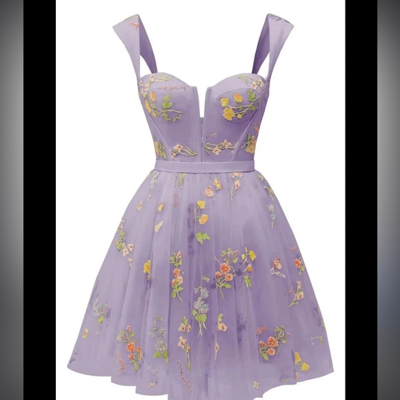 Lavender Blue Floral Embroidery Tulle Formal Dress Mini Length Homecoming 18 - Picture 3 of 13
